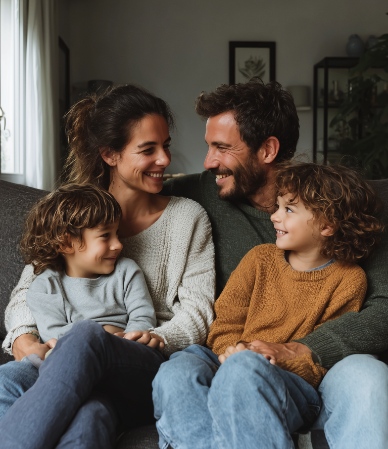 Smiling parents and two children sitting closely on a couch in a cozy living room.
