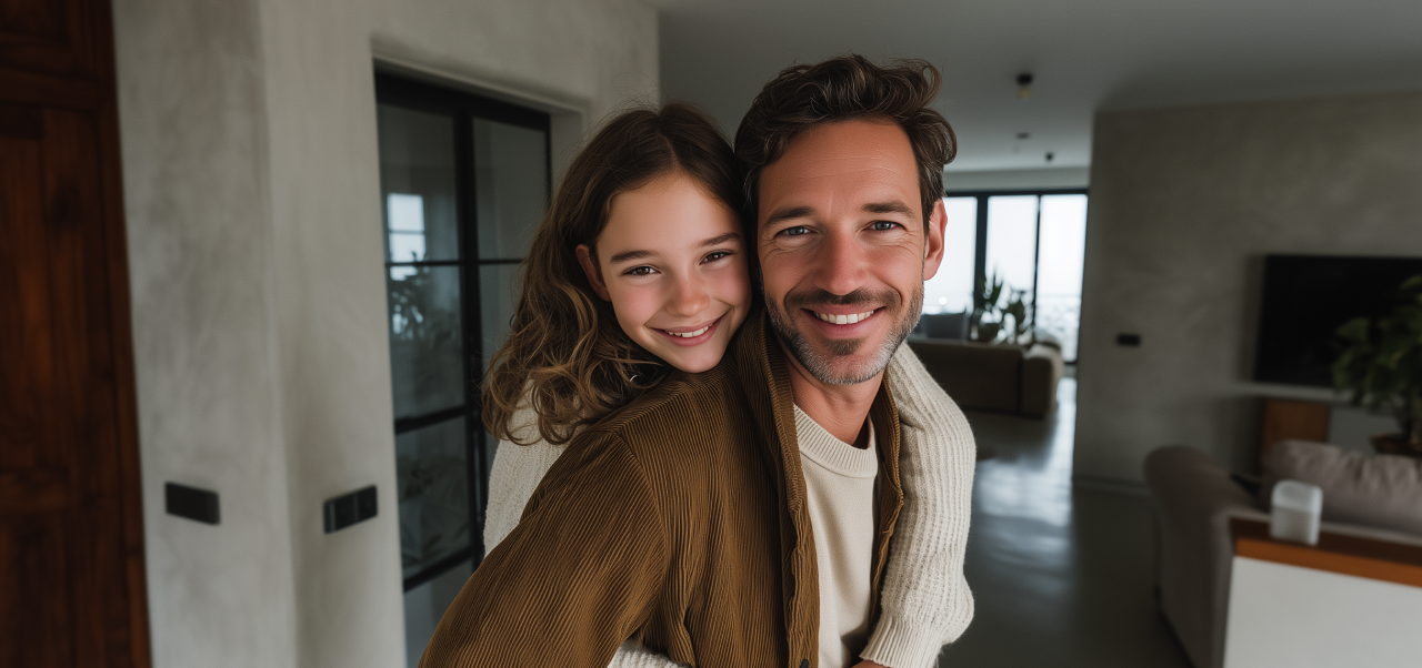 Smiling man giving a piggyback ride to a happy young girl inside a modern home.