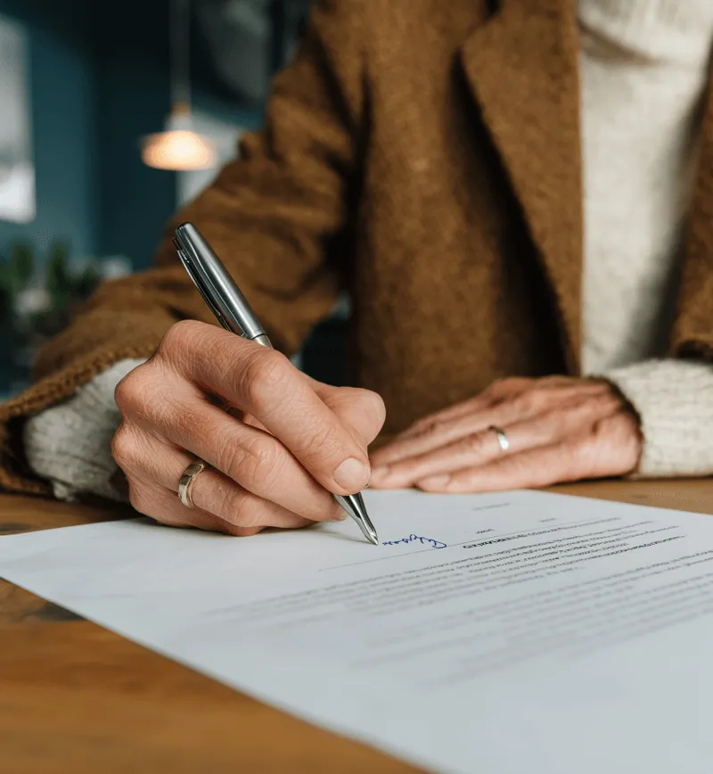 Person wearing a brown coat signing a document with a silver pen on a wooden table.