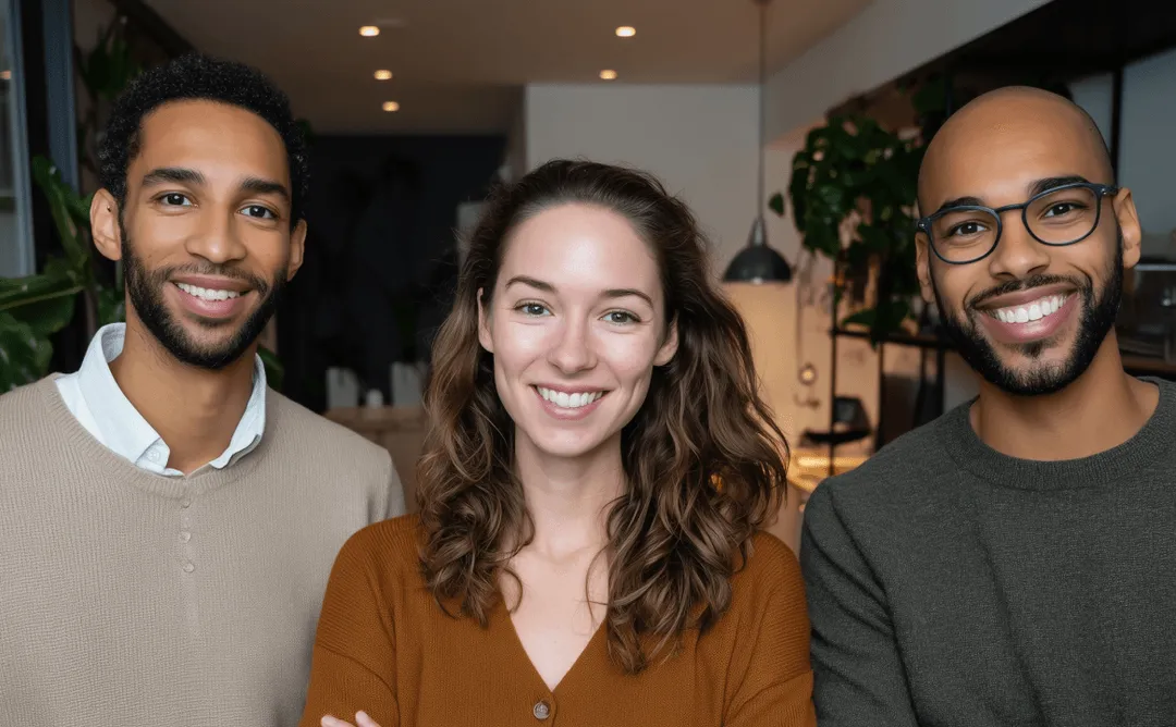 Three diverse young adults smiling together indoors in casual clothing in a warm, modern setting.