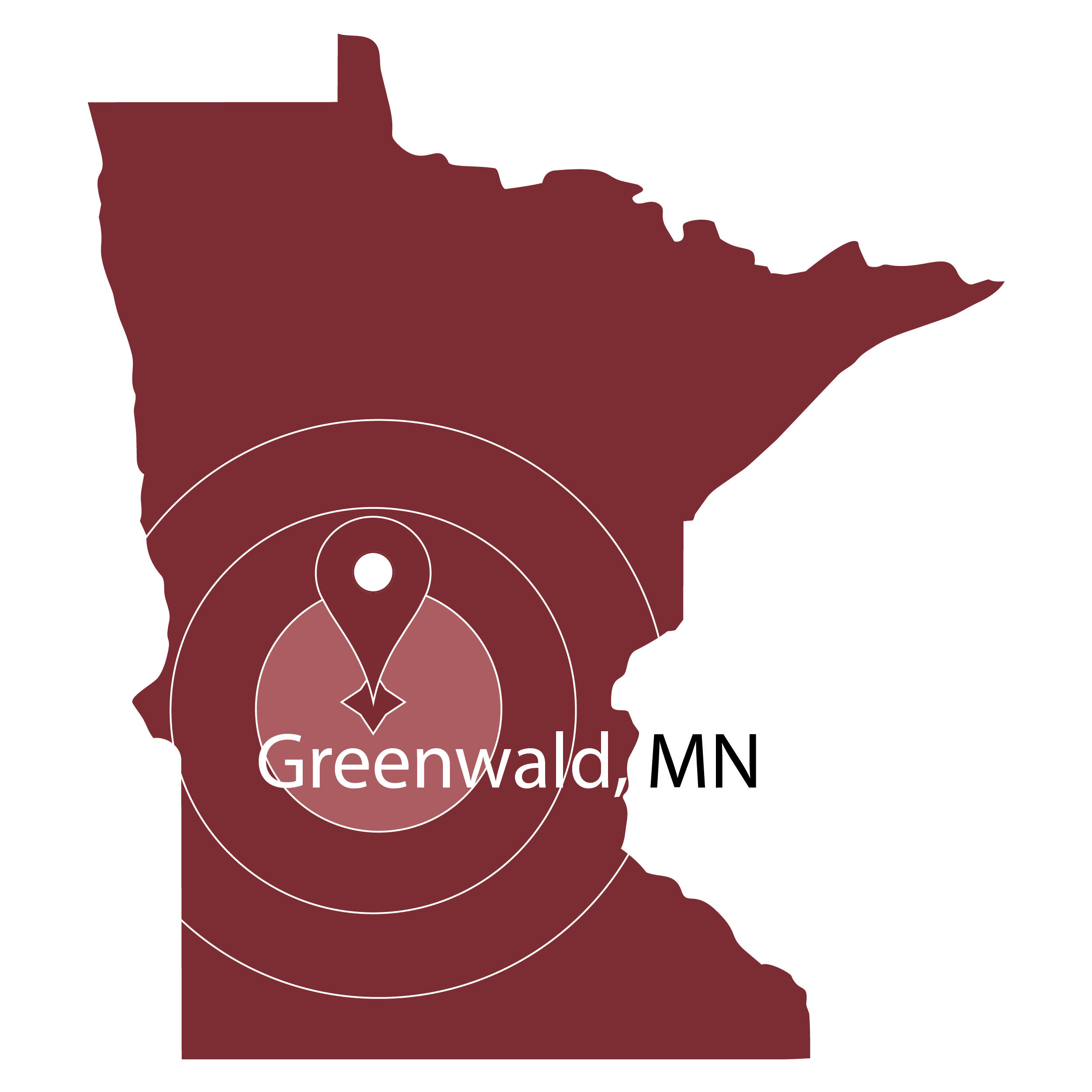 Map of Minnesota highlighting Greenwald with concentric circles around the location in Greenwald.
