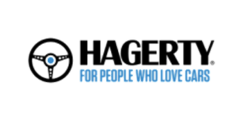 Hagerty logo with steering wheel icon and tagline for people who love cars