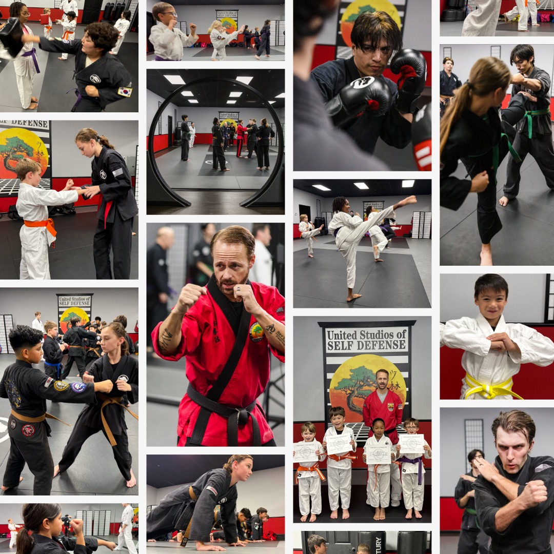 A collage of images where students of all ages are training together, getting coached on technique, practicing their moves, and hanging out together.