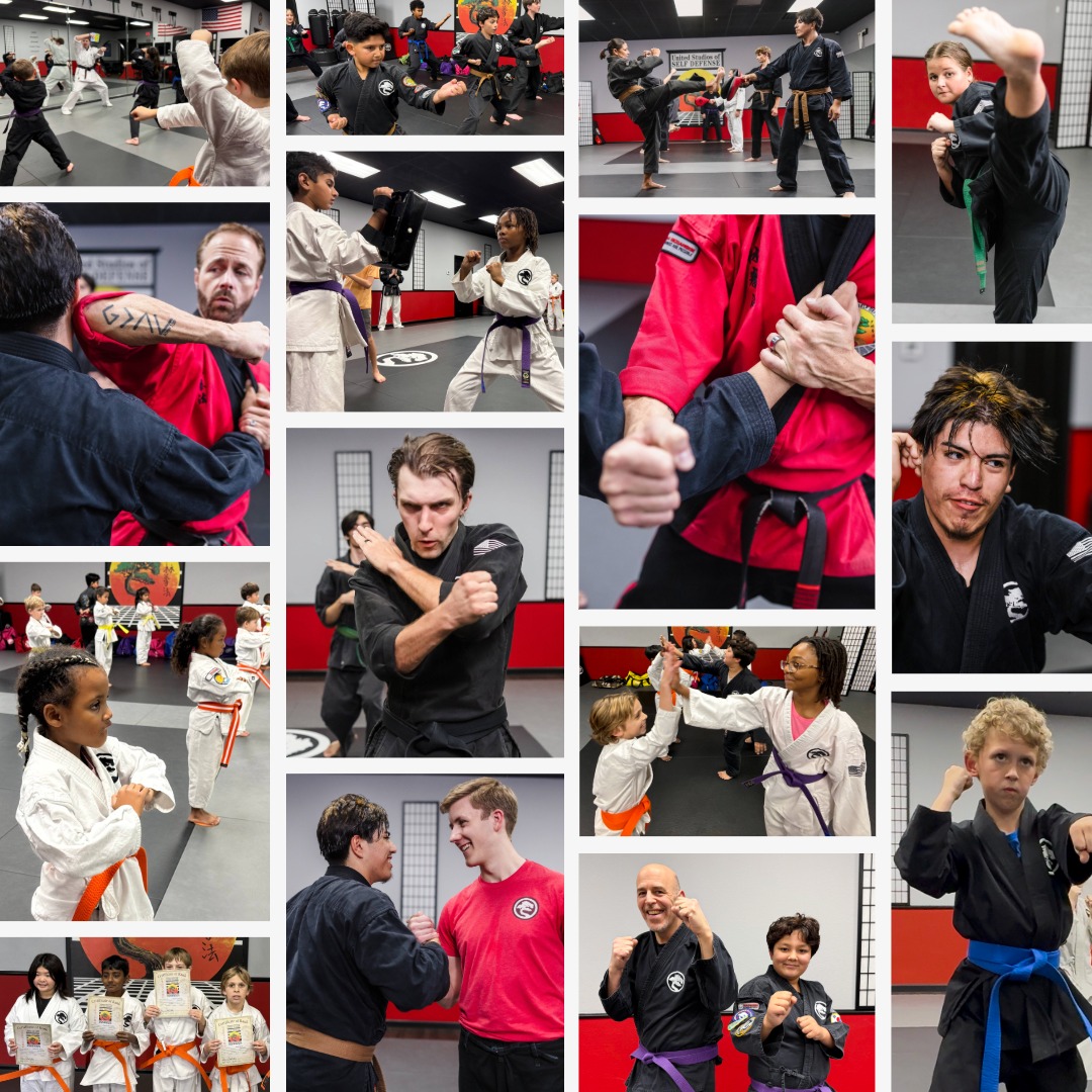 A collage of images where students of all ages are practicing their blocks and strikes, receiving instruction, and enjoying their time.