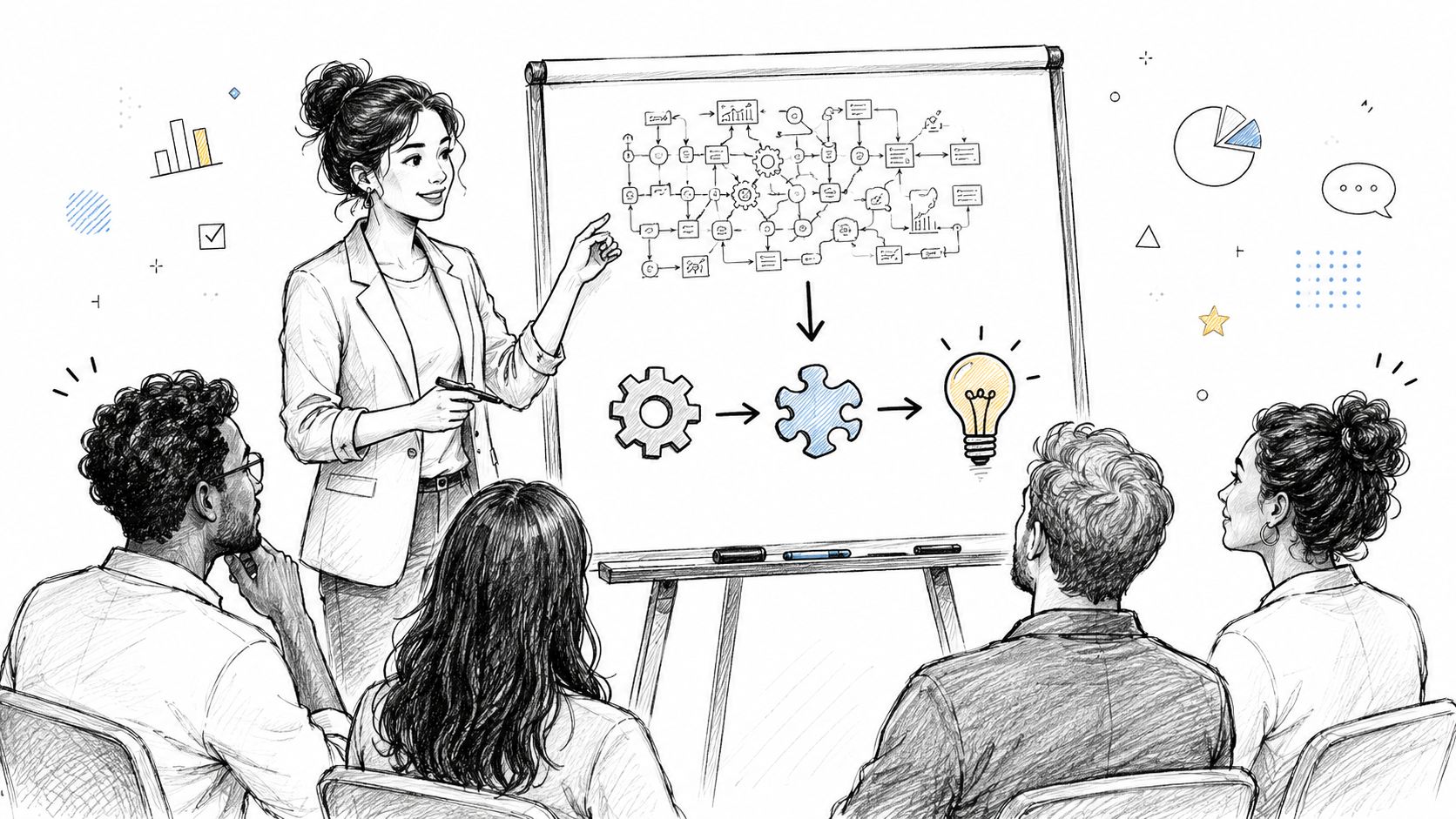 A professional woman presenting business strategies on a whiteboard to an attentive team in an office setting.