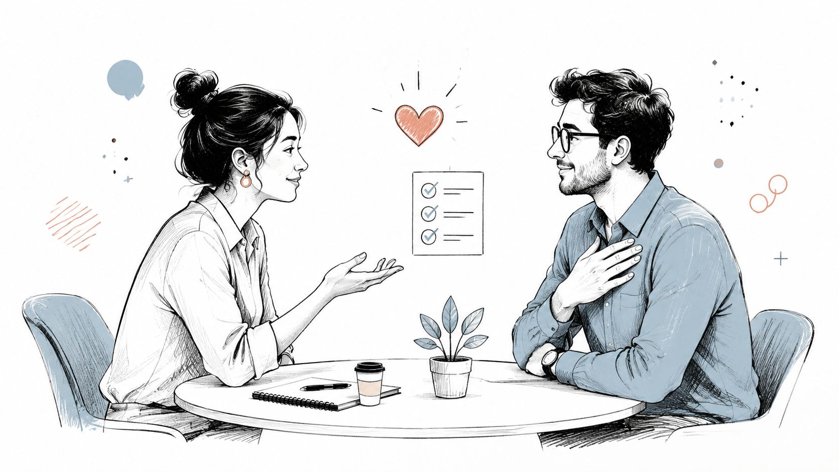 A professional man and woman sitting at a round table having a productive conversation during an interview.
