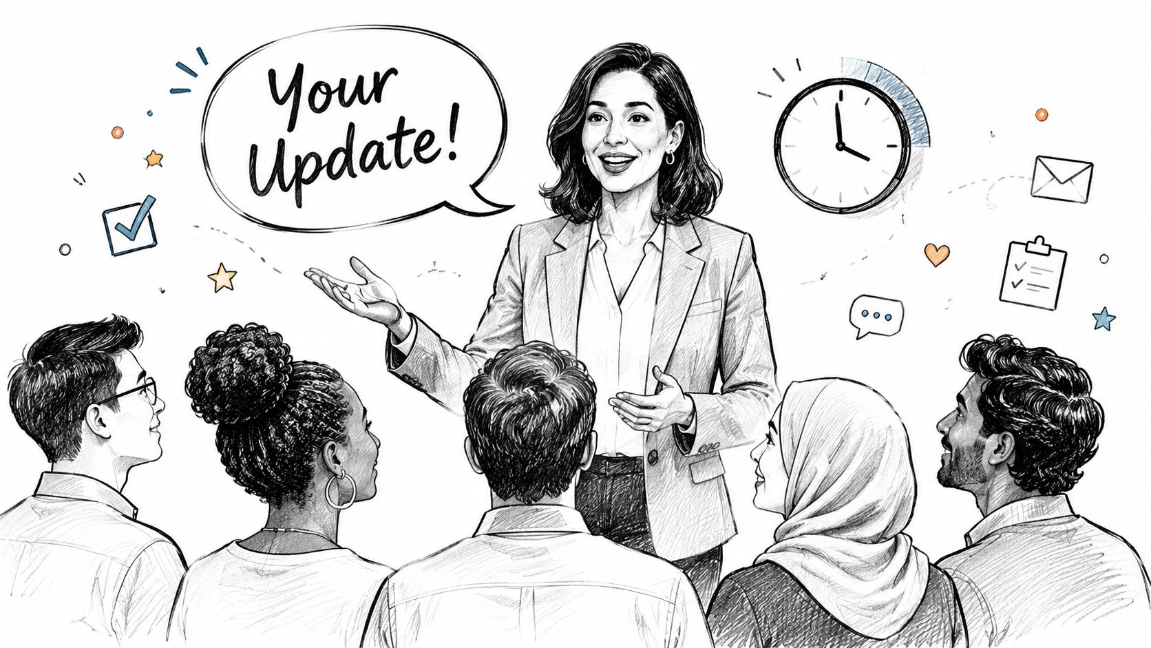A professional woman presenting an update to a diverse group of attentive team members in an office.