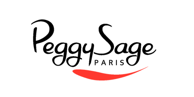Logo Peggy Sage avec texte en noir et trait graphique rouge en dessous.