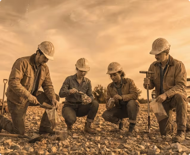 Four construction workers wearing hard hats examining soil samples on rocky ground.