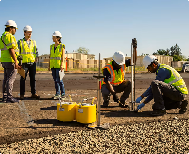 Construction workers in safety vests and helmets conducting soil or pavement testing outdoors with equipment on a sunny day.