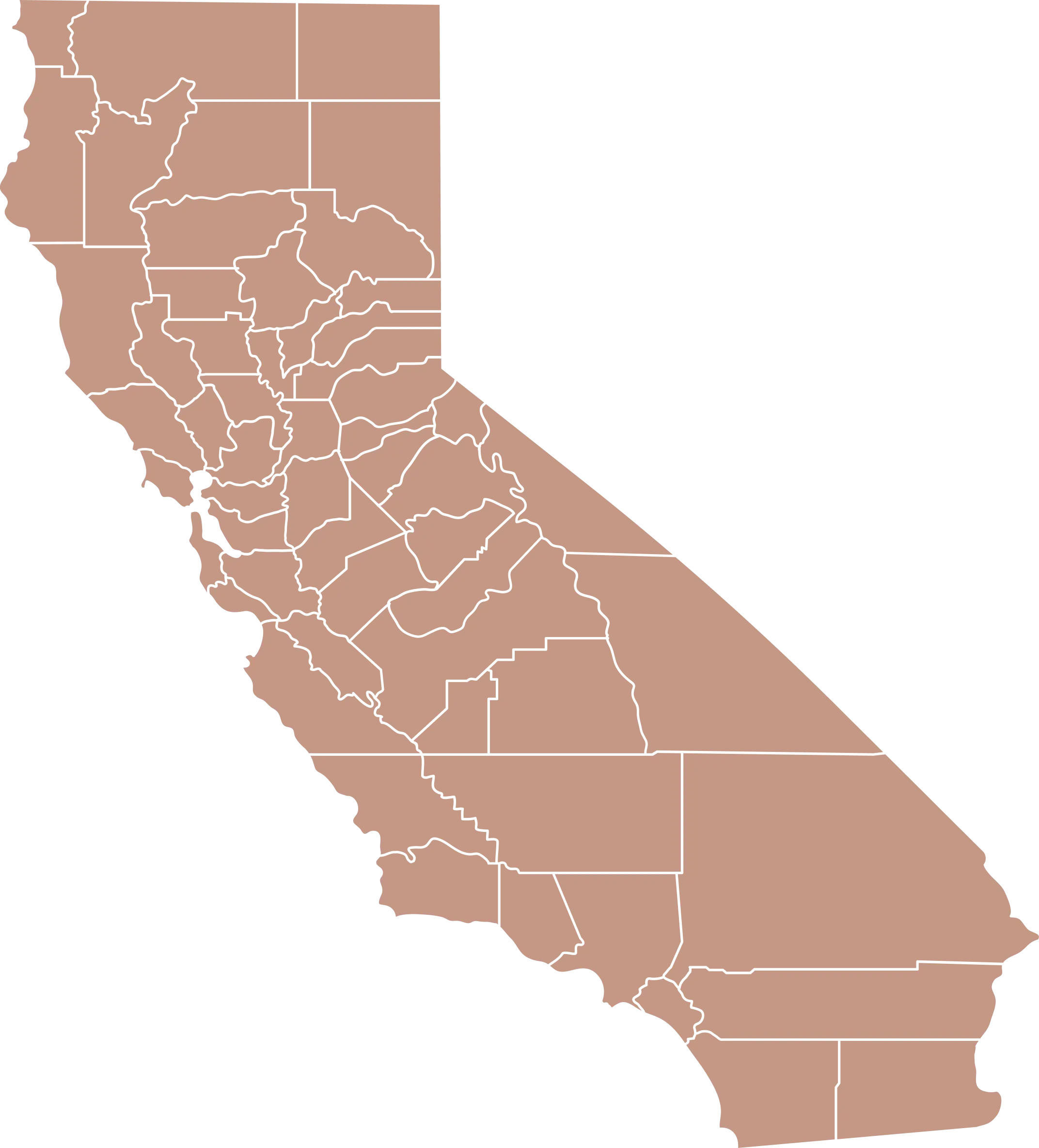 Map of California showing its counties outlined and labeled in muted brown color.