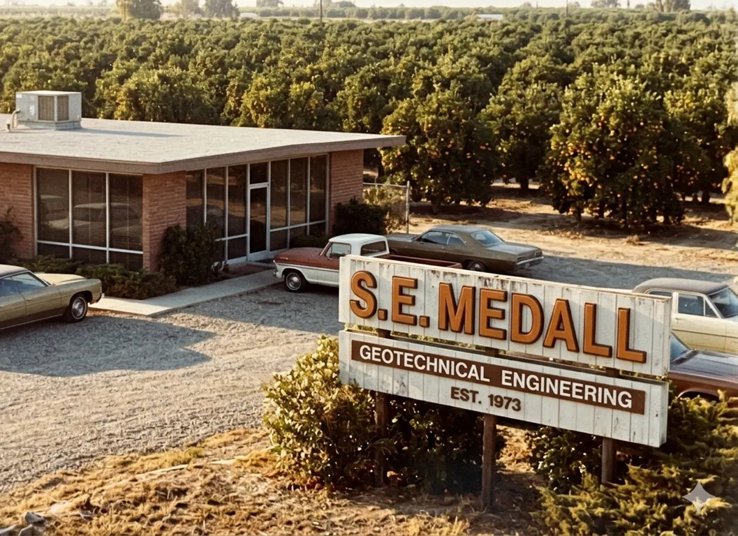S.E. Medall Geotechnical Engineering office with vintage cars and orchard trees in background.