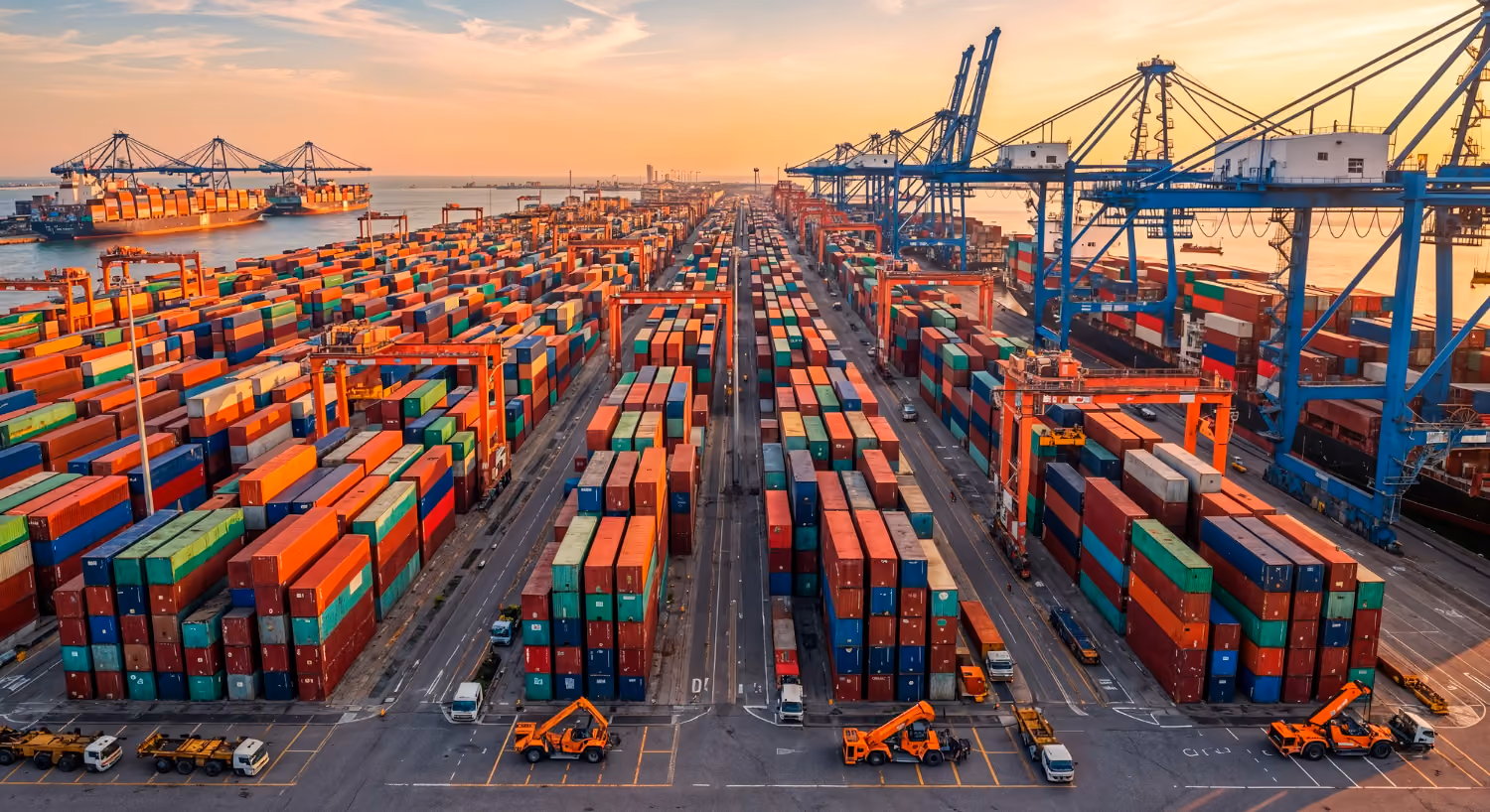 A top down drone shot of container port, cargoes, shipments