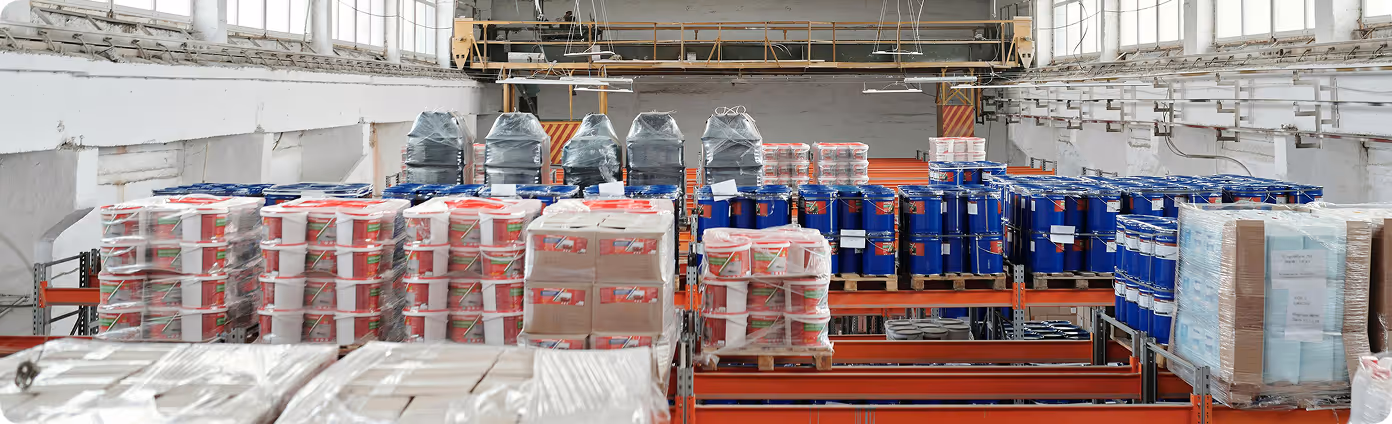 Warehouse shelves stocked with pallets of various paint cans and containers in a bright industrial setting.