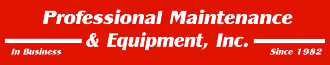 Professional Maintenance & Equipment, Inc. logo with text in white on red background.