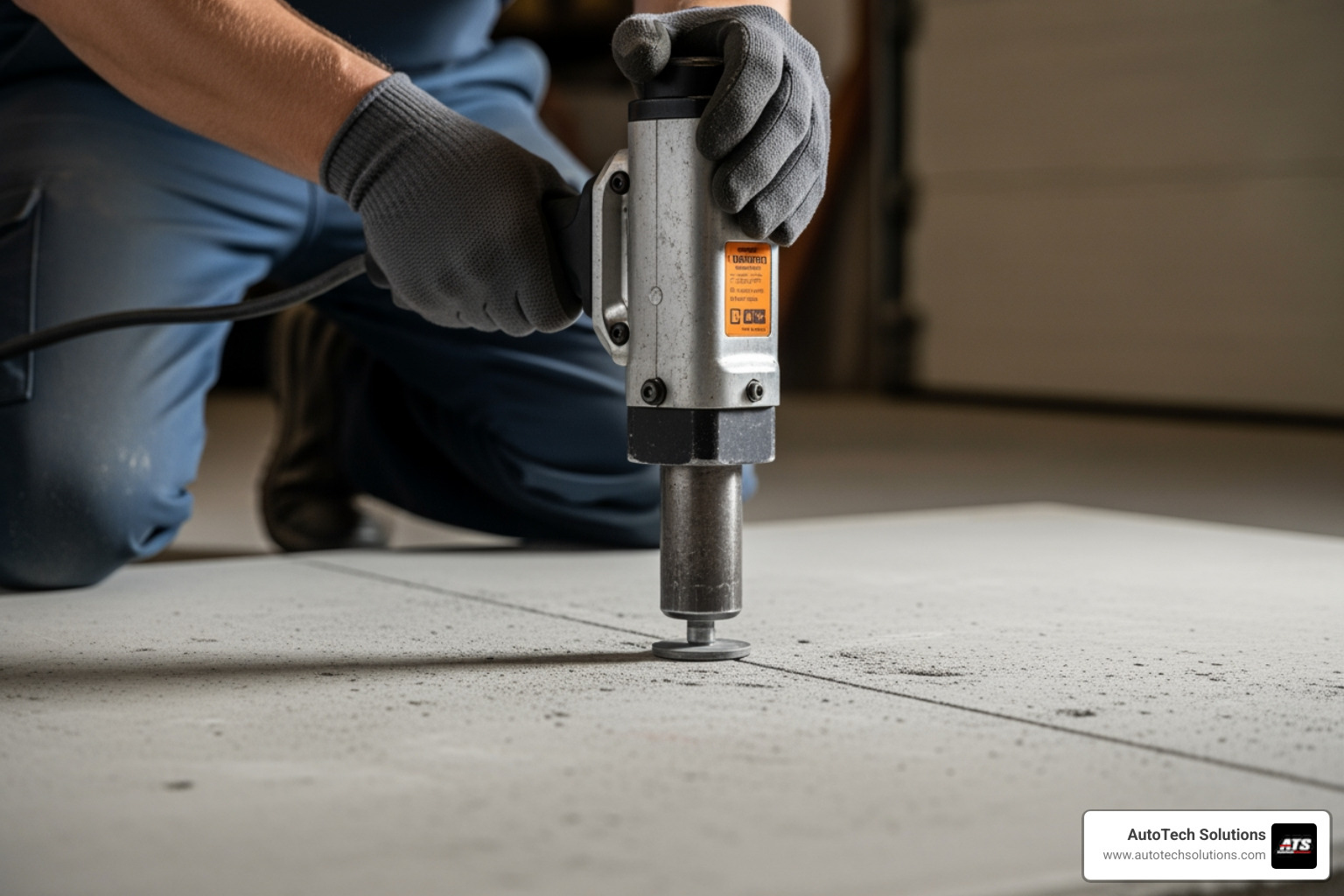 technician checking concrete PSI - automotive lift installation