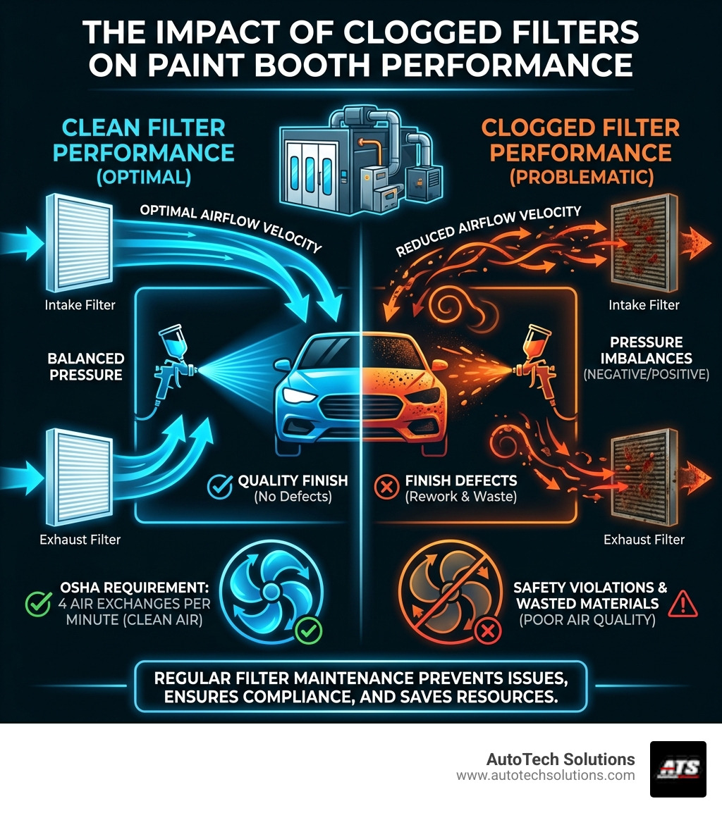Infographic showing how clogged intake and exhaust filters reduce airflow velocity, increase pressure imbalances, and create inconsistent spray patterns that lead to finish defects, safety violations, and wasted materials - with visual comparison of clean vs. clogged filter performance and the four air exchanges per minute required by OSHA for solvent-based paints - paint booth repair service infographic 