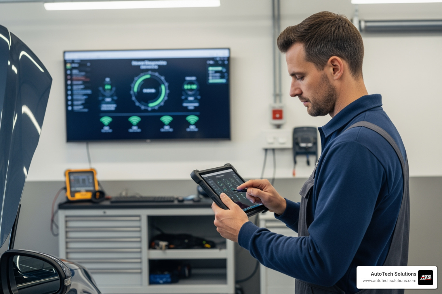 A technician in a clean, modern workshop using a ruggedized tablet to perform wireless diagnostics on a vehicle, with real-time data streaming to a wall-mounted monitor - automotive equipment repair