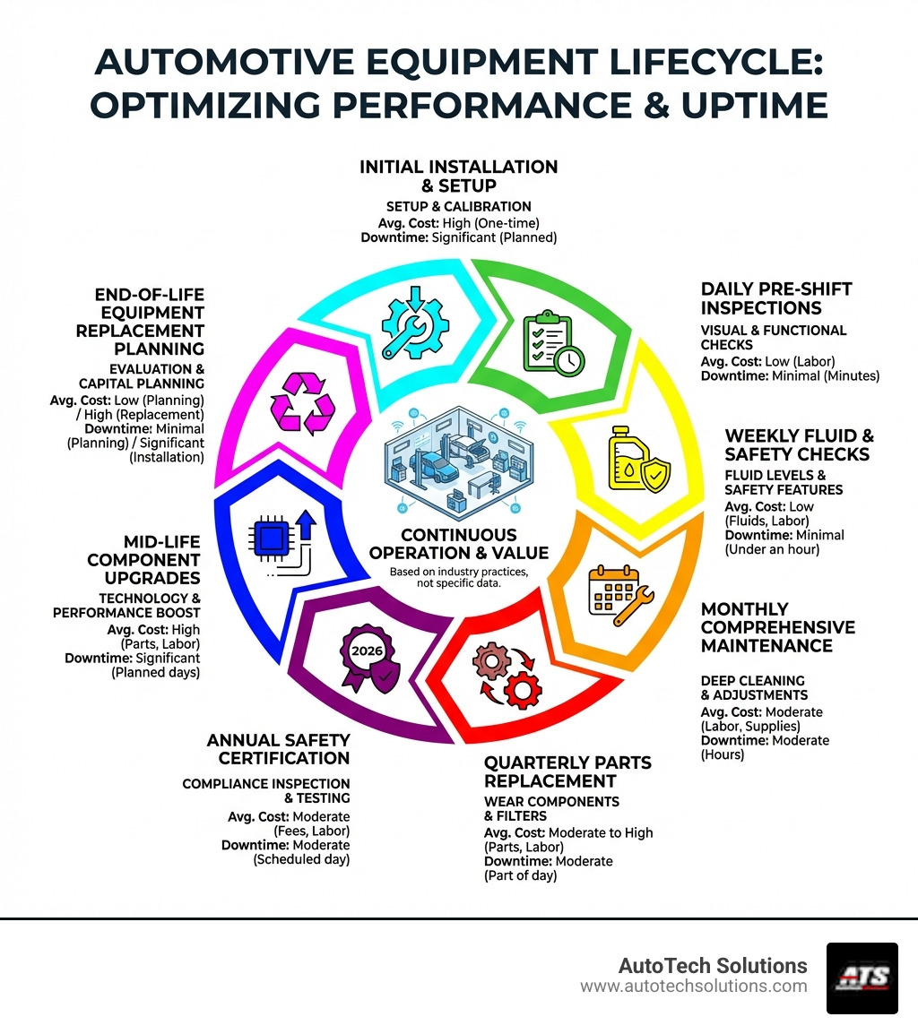 Infographic showing the complete automotive equipment lifecycle: initial installation and setup, daily pre-shift inspections, weekly fluid and safety checks, monthly comprehensive maintenance, quarterly parts replacement, annual safety certification, mid-life component upgrades, and end-of-life equipment replacement planning, with average costs and downtime estimates for each phase - automotive equipment repair infographic 