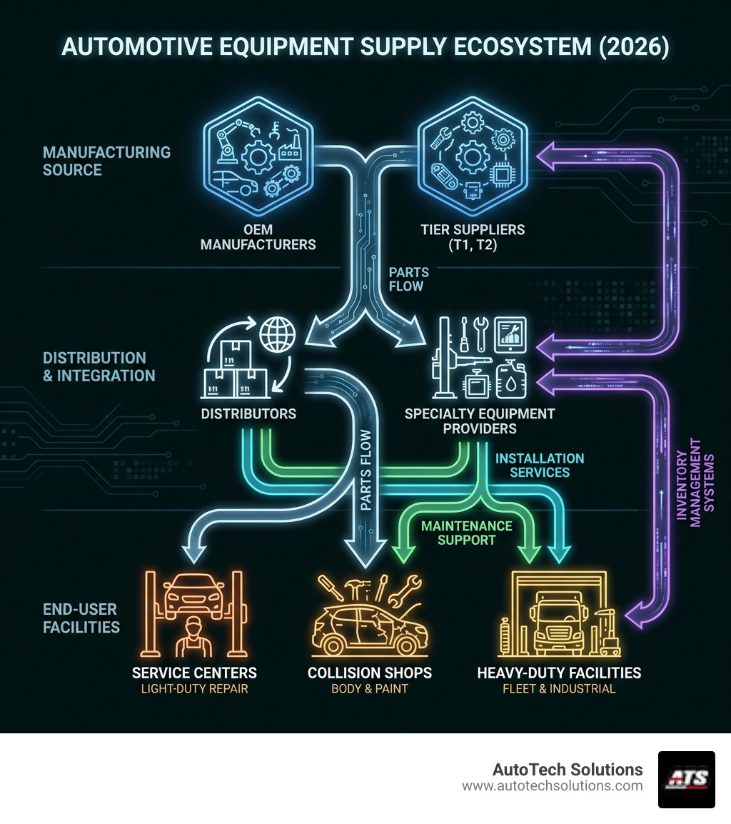 Infographic showing the automotive equipment supply ecosystem: from OEM manufacturers and tier suppliers at the top, flowing through distributors and specialty equipment providers in the middle, down to service centers, collision shops, and heavy-duty facilities at the bottom, with arrows indicating parts flow, installation services, maintenance support, and inventory management systems connecting all levels - automotive equipment supply infographic 