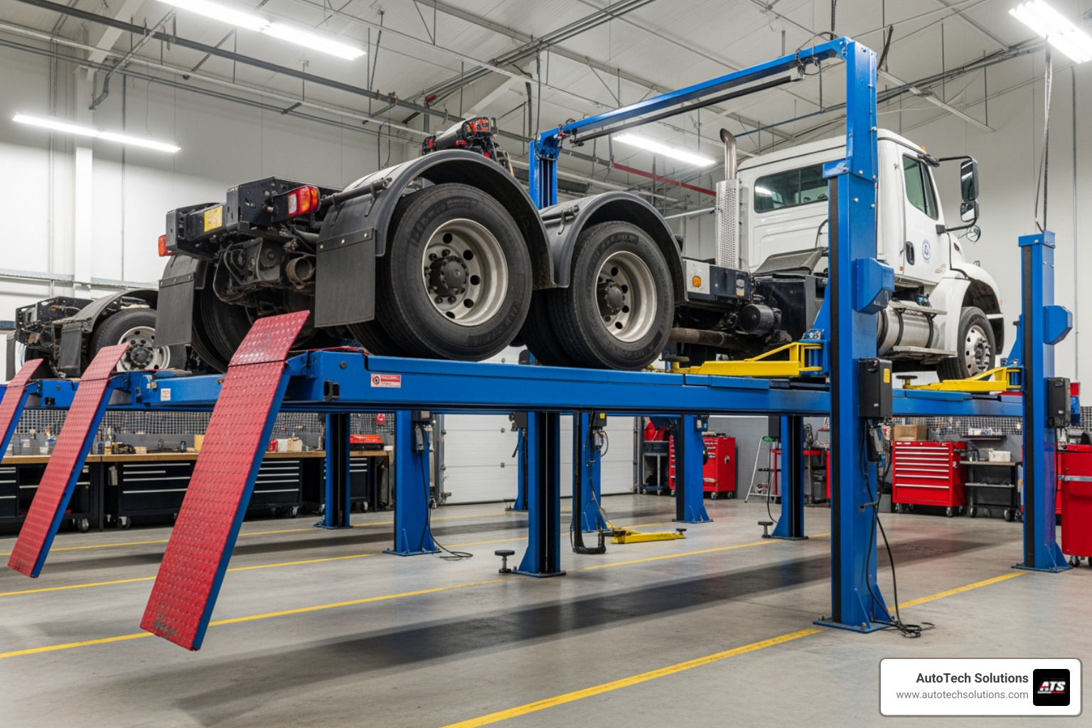heavy-duty vehicle lifts in a professional shop - automotive equipment supply
