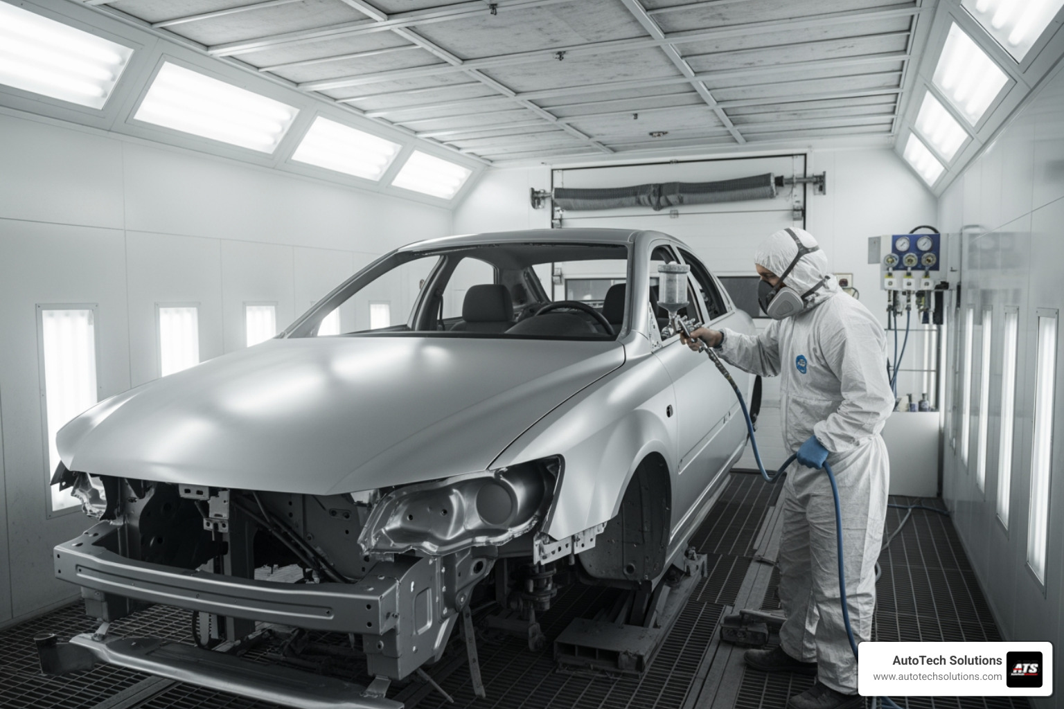A vehicle inside a pressurized, fully enclosed auto body paint booth receiving a high-quality basecoat. - auto body paint booth