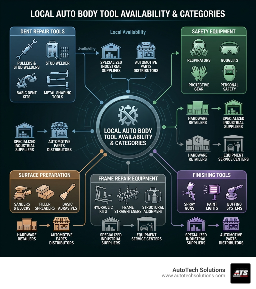 infographic showing auto body tool categories including dent repair tools like pullers and stud welders, surface preparation tools like sanders and blocks, frame repair equipment like hydraulic kits and straighteners, finishing tools like spray guns and paint lights, and safety equipment like respirators and protective gear, with local availability options ranging from hardware stores to specialized industrial suppliers - auto body tools near me infographic infographic showing auto body tool categories including dent repair tools like pullers and stud welders, surface preparation tools like sanders and blocks, frame repair equipment like hydraulic kits and straighteners, finishing tools like spray guns and paint lights, and safety equipment like respirators and protective gear, with local availability options ranging from hardware stores to specialized industrial suppliers - auto body tools near me infographic