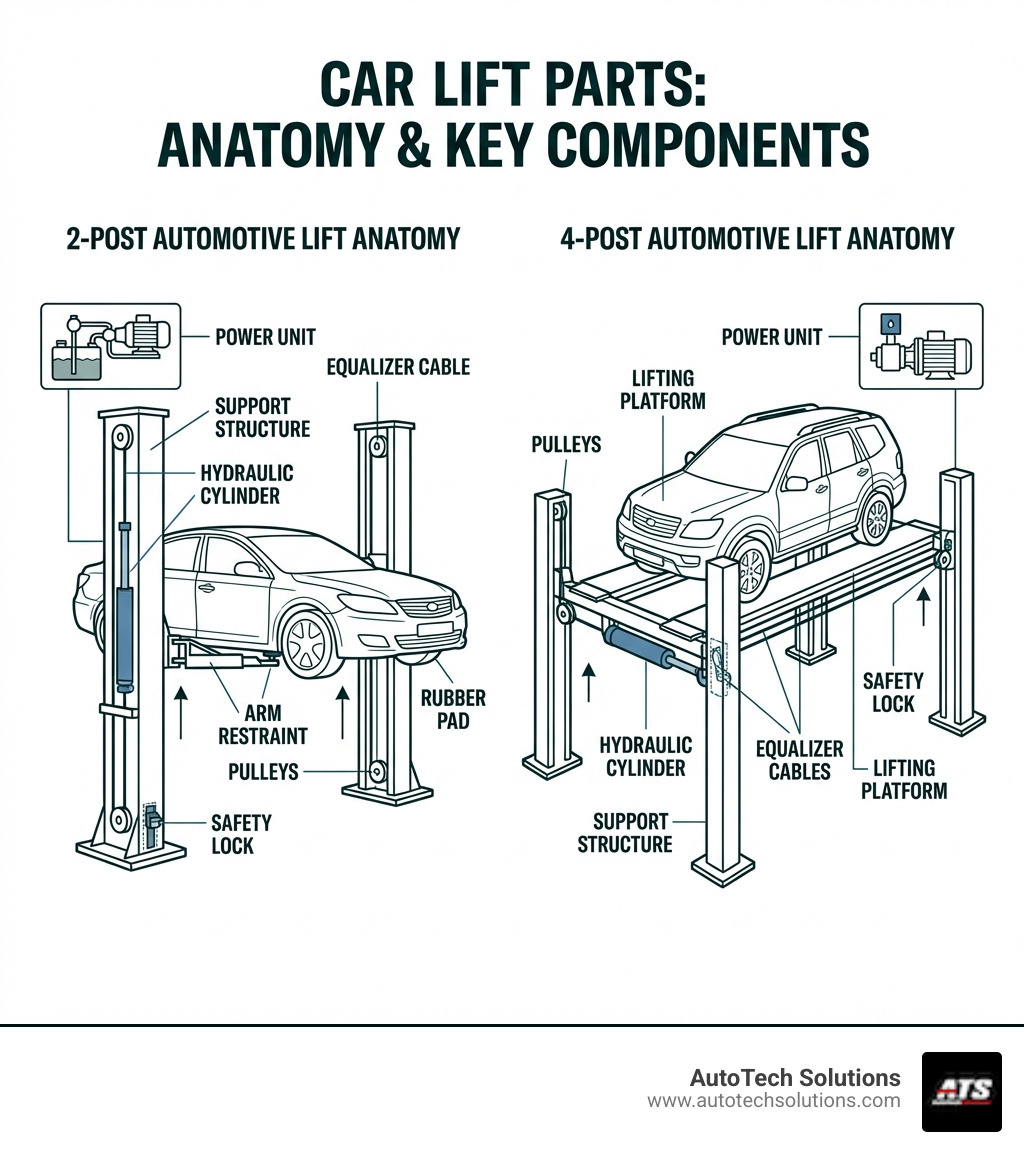 Detailed infographic showing the anatomy of a 2-post automotive lift and a 4-post automotive lift, with labeled components including hydraulic cylinders, equalizer cables, pulleys, power units, safety locks, arm restraints, rubber pads, lifting platforms, and support structures - car lift parts for sale infographic 