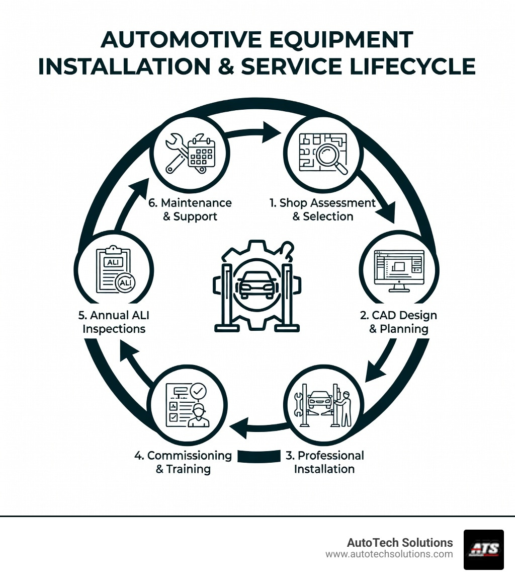 Infographic showing the automotive equipment installation and service lifecycle: Step 1 Shop Assessment and Equipment Selection, Step 2 CAD Design and Planning, Step 3 Professional Installation with certified technicians, Step 4 Commissioning and Operator Training, Step 5 Annual ALI-Certified Inspections, Step 6 Preventative Maintenance and Emergency Repair Support — displayed as a circular flow diagram with icons for each stage - automotive equipment installation and service infographic Infographic showing the automotive equipment installation and service lifecycle: Step 1 Shop Assessment and Equipment Selection, Step 2 CAD Design and Planning, Step 3 Professional Installation with certified technicians, Step 4 Commissioning and Operator Training, Step 5 Annual ALI-Certified Inspections, Step 6 Preventative Maintenance and Emergency Repair Support — displayed as a circular flow diagram with icons for each stage - automotive equipment installation and service infographic