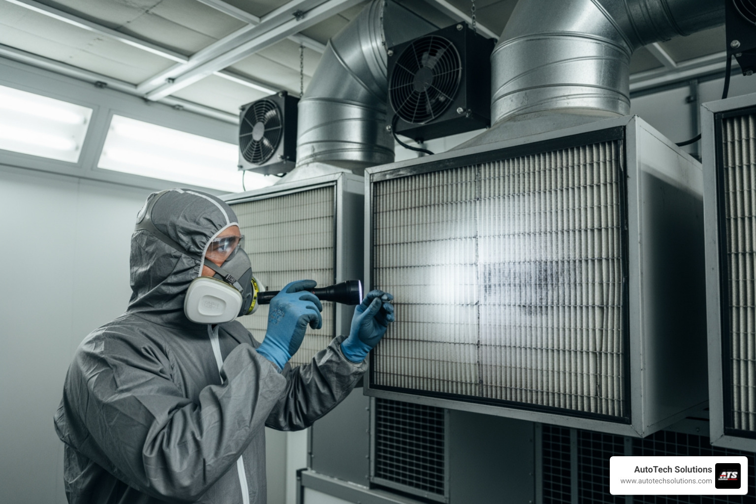 A professional technician inspecting a paint booth's interior components - automotive paint booth maintenance A professional technician inspecting a paint booth's interior components - automotive paint booth maintenance