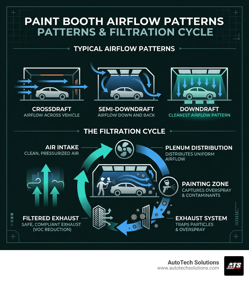 Paint booth airflow patterns and filtration cycle infographic - Paint booth for sale MI infographic Paint booth airflow patterns and filtration cycle infographic - Paint booth for sale MI infographic