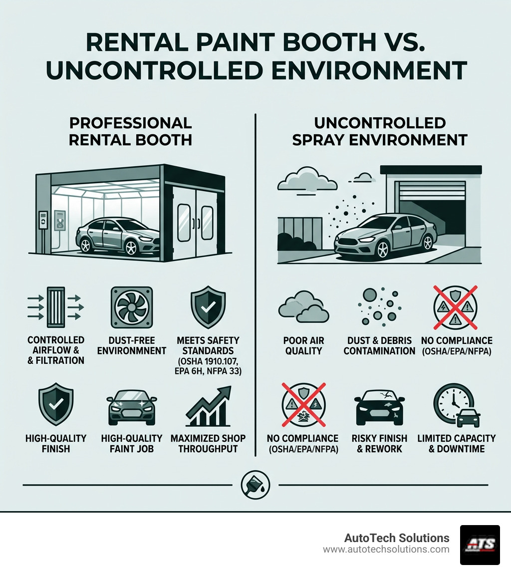 Infographic comparing professional rental paint booths vs uncontrolled spray environments for auto shops - paint booth for