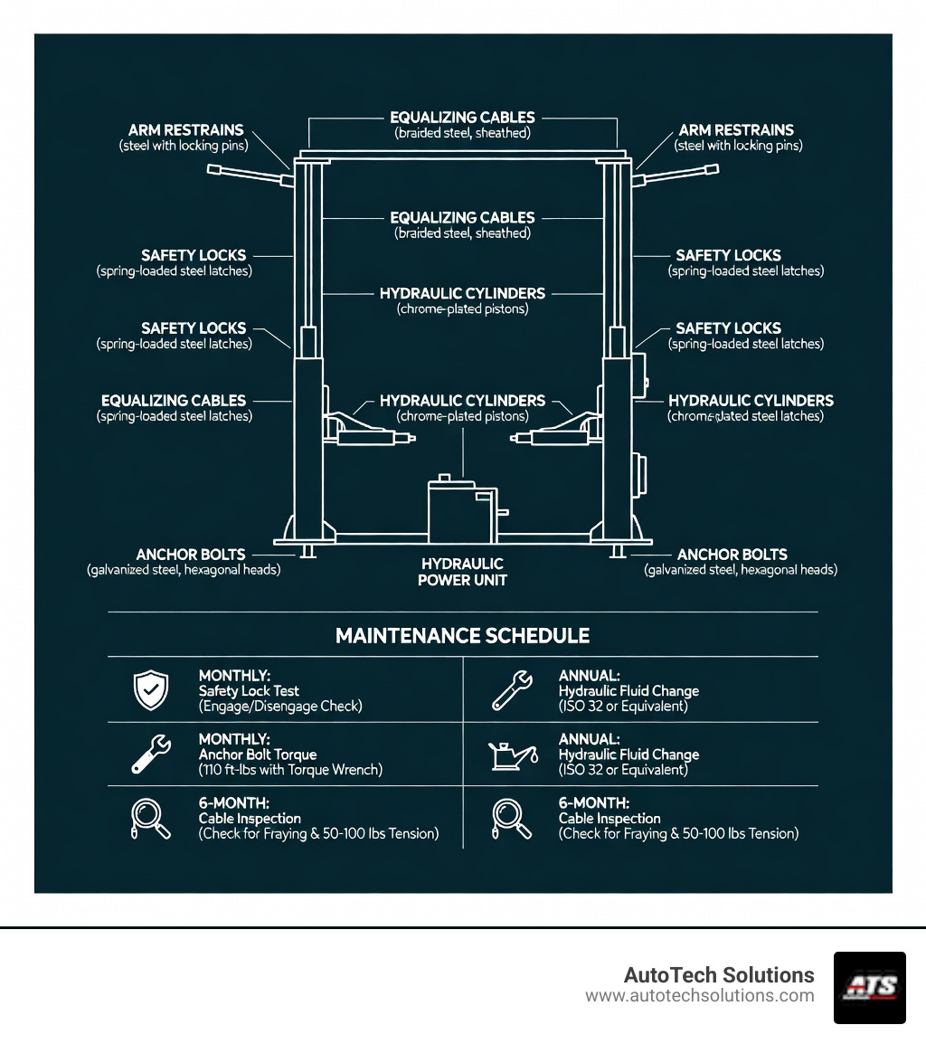 Infographic showing two post lift anatomy including columns, hydraulic cylinders, equalizing cables, safety locks, arm restraints, and anchor bolts with maintenance intervals: monthly safety lock testing, monthly anchor bolt checks at 110 ft-lbs, annual hydraulic fluid changes, and 6-month cable inspections for wear and tension - two post lift repair infographic Infographic showing two post lift anatomy including columns, hydraulic cylinders, equalizing cables, safety locks, arm restraints, and anchor bolts with maintenance intervals: monthly safety lock testing, monthly anchor bolt checks at 110 ft-lbs, annual hydraulic fluid changes, and 6-month cable inspections for wear and tension - two post lift repair infographic