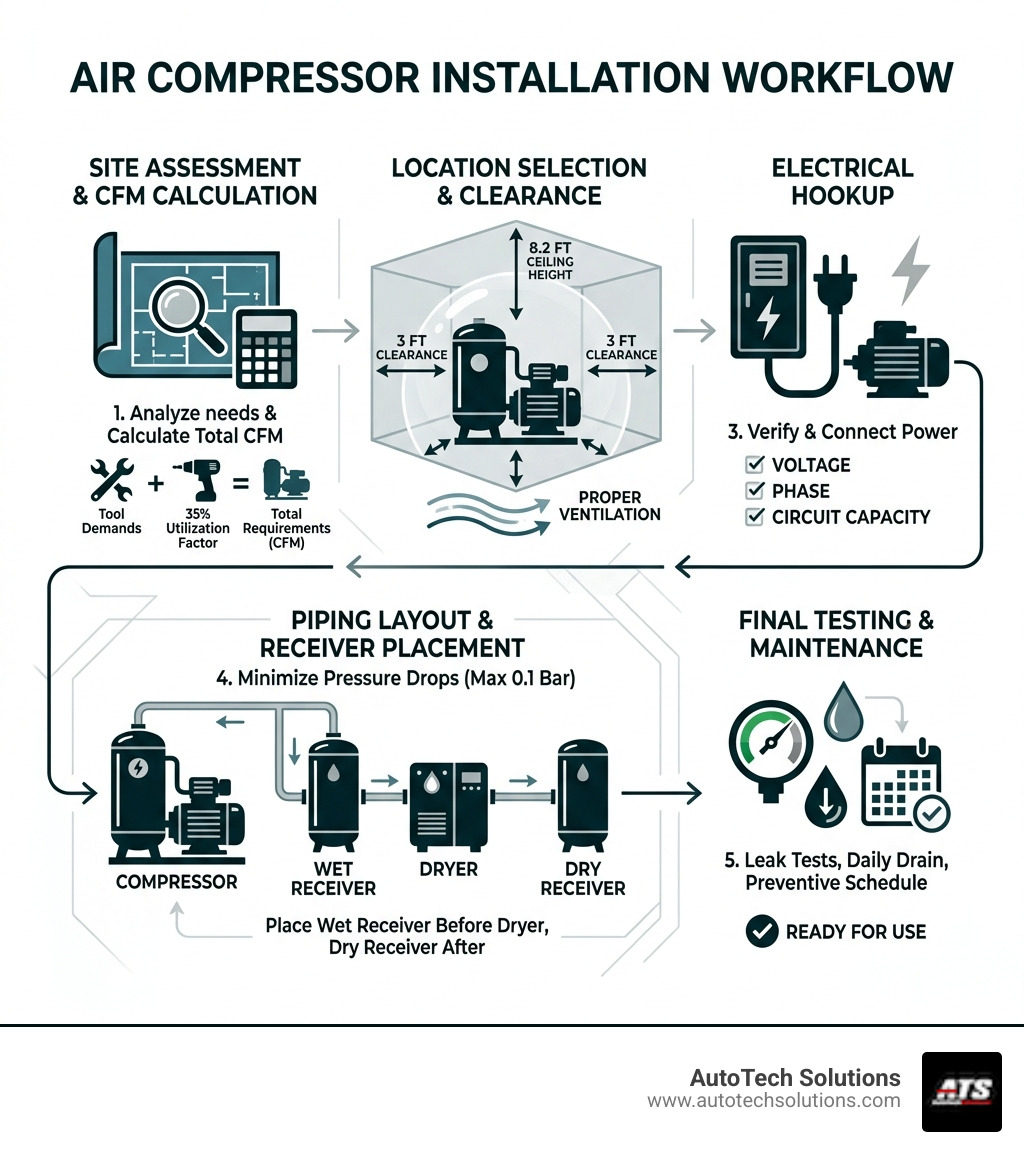 detailed workflow showing air compressor installation steps from site assessment through CFM calculation, location selection with clearance requirements, electrical hookup, piping layout with receiver placement, and final testing procedures - Air compressor installation infographic detailed workflow showing air compressor installation steps from site assessment through CFM calculation, location selection with clearance requirements, electrical hookup, piping layout with receiver placement, and final testing procedures - Air compressor installation infographic