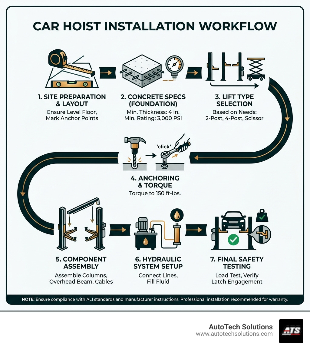 detailed infographic showing car hoist installation workflow from site preparation through concrete requirements, lift type selection, anchoring process, component assembly, hydraulic system setup, and final safety testing with specific measurements and torque specifications - car hoist installation infographic detailed infographic showing car hoist installation workflow from site preparation through concrete requirements, lift type selection, anchoring process, component assembly, hydraulic system setup, and final safety testing with specific measurements and torque specifications - car hoist installation infographic