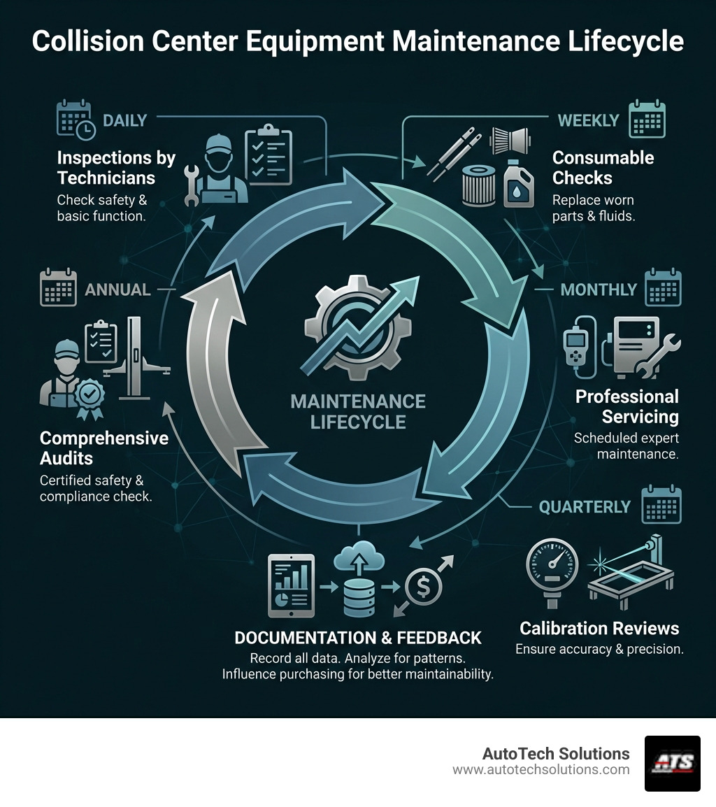Infographic showing the collision center equipment maintenance lifecycle: daily inspections by technicians, weekly consumable checks, monthly professional servicing, quarterly calibration reviews, annual comprehensive audits by certified inspectors, and continuous documentation feeding back into purchasing decisions for maintainability - collision center equipment maintenance infographic 