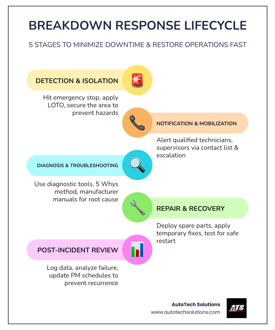Infographic showing the breakdown response lifecycle for critical shop equipment: 5 stages in a cycle — 1. Detection & Isolation (emergency stop, LOTO, area secured), 2. Notification & Mobilization (contact list, qualified personnel, escalation levels), 3. Diagnosis & Troubleshooting (diagnostic tools, 5 Whys, manufacturer manuals), 4. Repair & Recovery (spare parts, temporary fixes, testing), 5. Post-Incident Review (root cause analysis, PM schedule update, documentation) — with key stats: $50B annual downtime cost, reactive maintenance costs 5-9x more, preventive maintenance reduces breakdowns by up to 50% - breakdown response plan for critical shop equipment infographic infographic-line-5-steps-colors