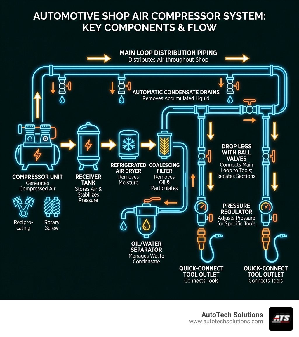 Infographic showing the key components of an automotive shop air compressor system: compressor unit (reciprocating or rotary screw), receiver tank, refrigerated air dryer, coalescing filter, oil/water separator, main loop distribution piping, drop legs with ball valves, automatic condensate drains, pressure regulators at each drop, and quick-connect tool outlets — with arrows showing airflow direction and labels for each component's function - air compressor installation for automotive shop infographic 