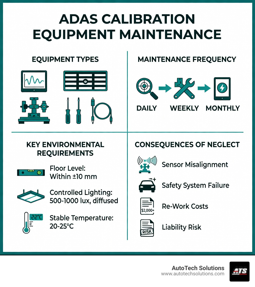 Infographic showing ADAS calibration equipment types (diagnostic tablets, calibration targets, fixtures, accessories), their maintenance frequency (daily, weekly, monthly), key environmental requirements (floor level within +/-10mm, controlled lighting, stable temperature), and consequences of neglect (sensor misalignment, safety system failure, re-work costs, liability risk) - adas calibration equipment maintenance infographic Infographic showing ADAS calibration equipment types (diagnostic tablets, calibration targets, fixtures, accessories), their maintenance frequency (daily, weekly, monthly), key environmental requirements (floor level within +/-10mm, controlled lighting, stable temperature), and consequences of neglect (sensor misalignment, safety system failure, re-work costs, liability risk) - adas calibration equipment maintenance infographic