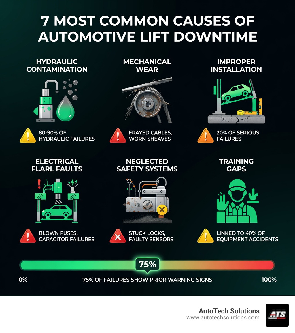 Infographic showing the 7 most common causes of automotive lift downtime — hydraulic contamination (80-90% of hydraulic failures), mechanical wear (frayed cables, worn sheaves), improper installation (20% of serious failures), electrical faults (blown fuses, capacitor failures), overloading, neglected safety systems, and training gaps (linked to 40% of equipment accidents) — with icons for each cause, warning signs, and a stat bar showing 75% of failures show prior warning signs - common causes of automotive lift downtime infographic 