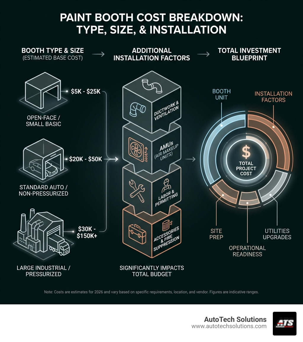 Infographic detailing paint booth cost breakdown by type, size, and additional installation factors like ductwork, AMUs, and labor - paint booth installation cost infographic Infographic detailing paint booth cost breakdown by type, size, and additional installation factors like ductwork, AMUs, and labor - paint booth installation cost infographic