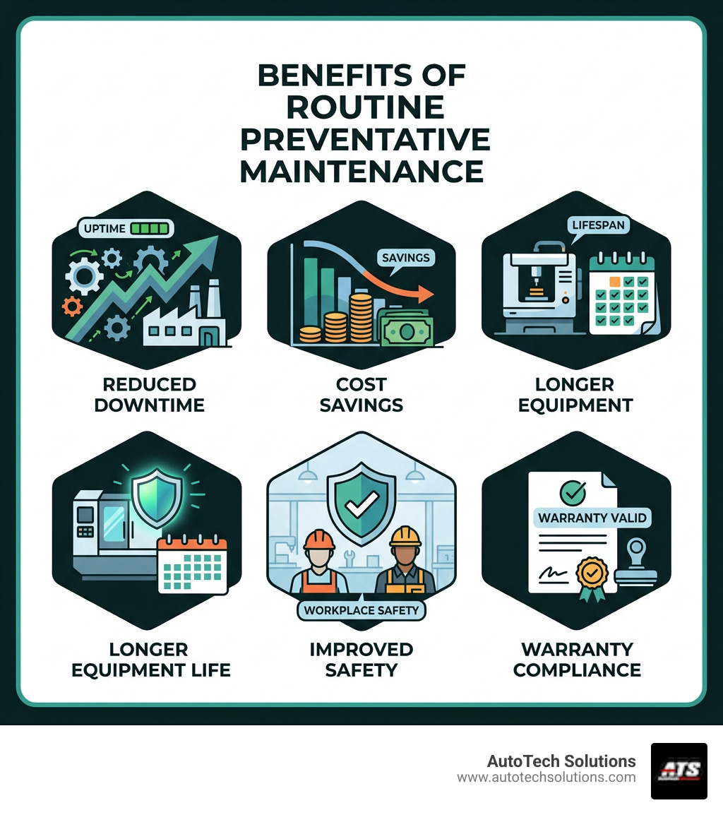 Benefits of routine preventative maintenance: reduced downtime, cost savings, longer equipment life, improved safety