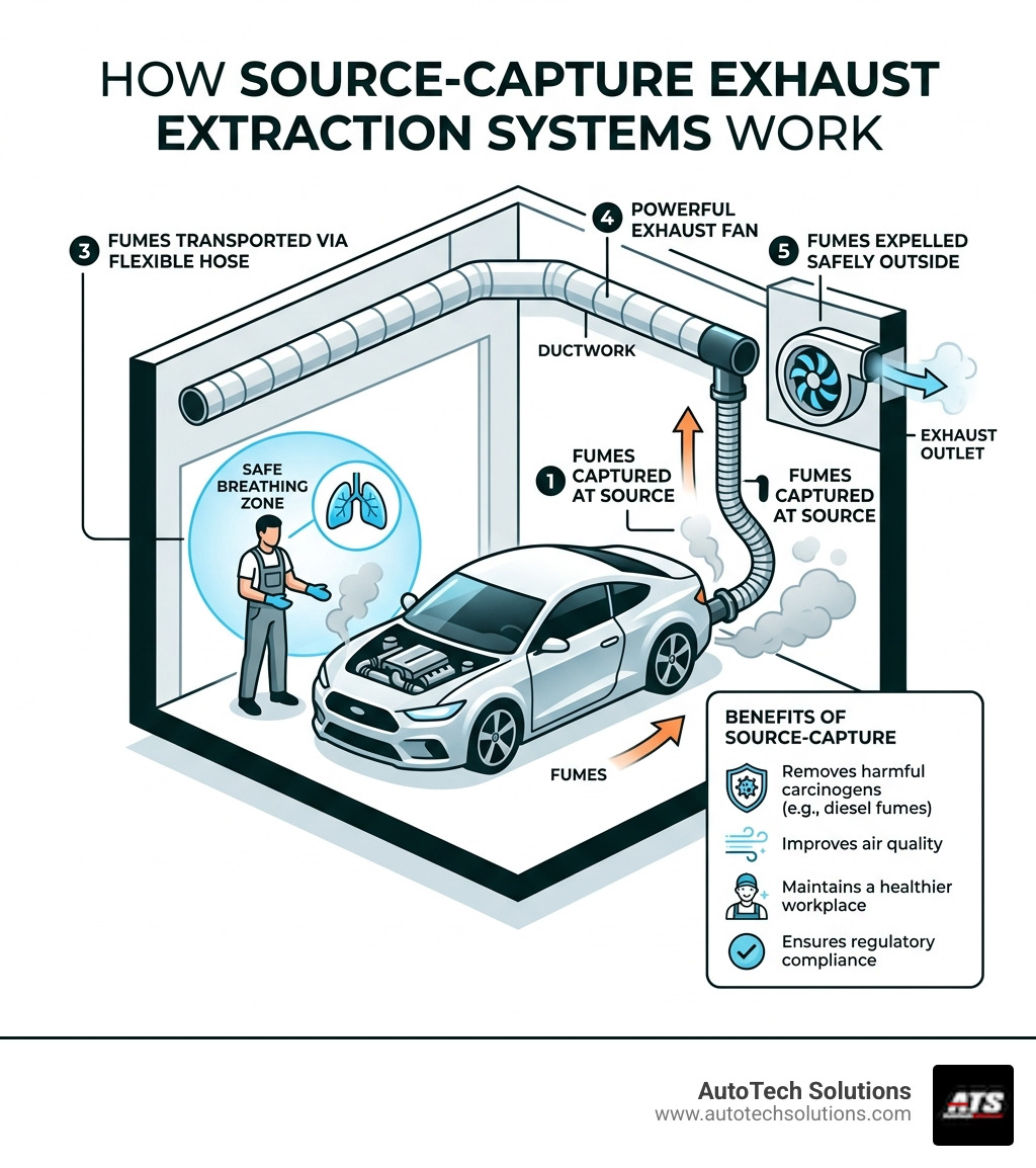 Infographic showing how source-capture exhaust extraction systems work in auto shops - Exhaust system installation Infographic showing how source-capture exhaust extraction systems work in auto shops - Exhaust system installation
