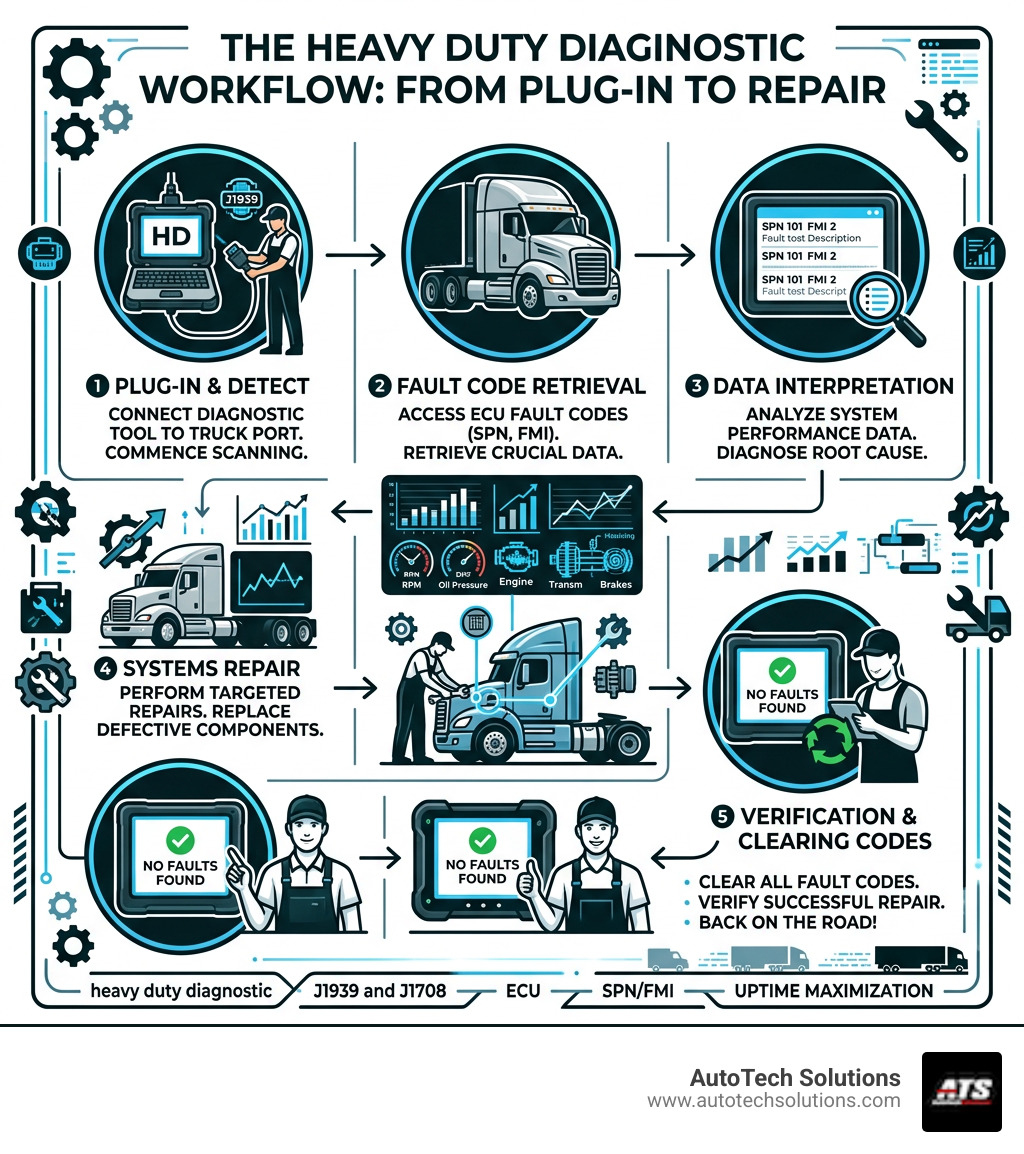Heavy duty diagnostic workflow infographic from plug-in to fault code repair - heavy duty diagnostic infographic Heavy duty diagnostic workflow infographic from plug-in to fault code repair - heavy duty diagnostic infographic