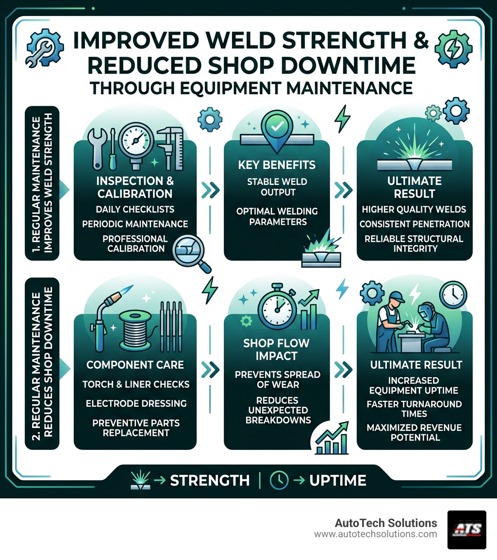 Infographic showing how regular equipment maintenance improves weld strength and reduces shop downtime - collision welding Infographic showing how regular equipment maintenance improves weld strength and reduces shop downtime - collision welding