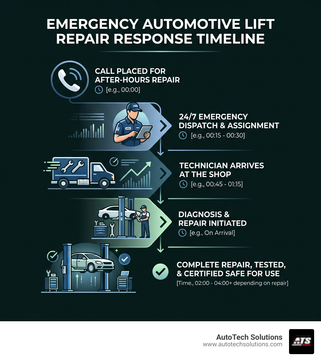Emergency lift repair response timeline from call to technician arrival and completed repair - after-hours automotive lift Emergency lift repair response timeline from call to technician arrival and completed repair - after-hours automotive lift