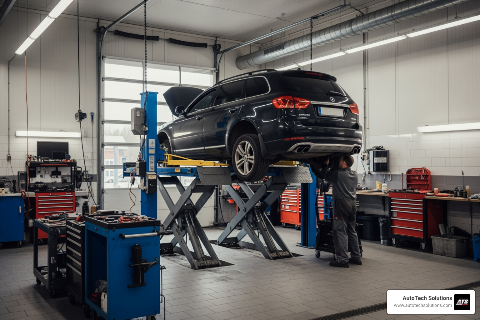 professional automotive service bay with vehicle on lift - car lift sales near me
