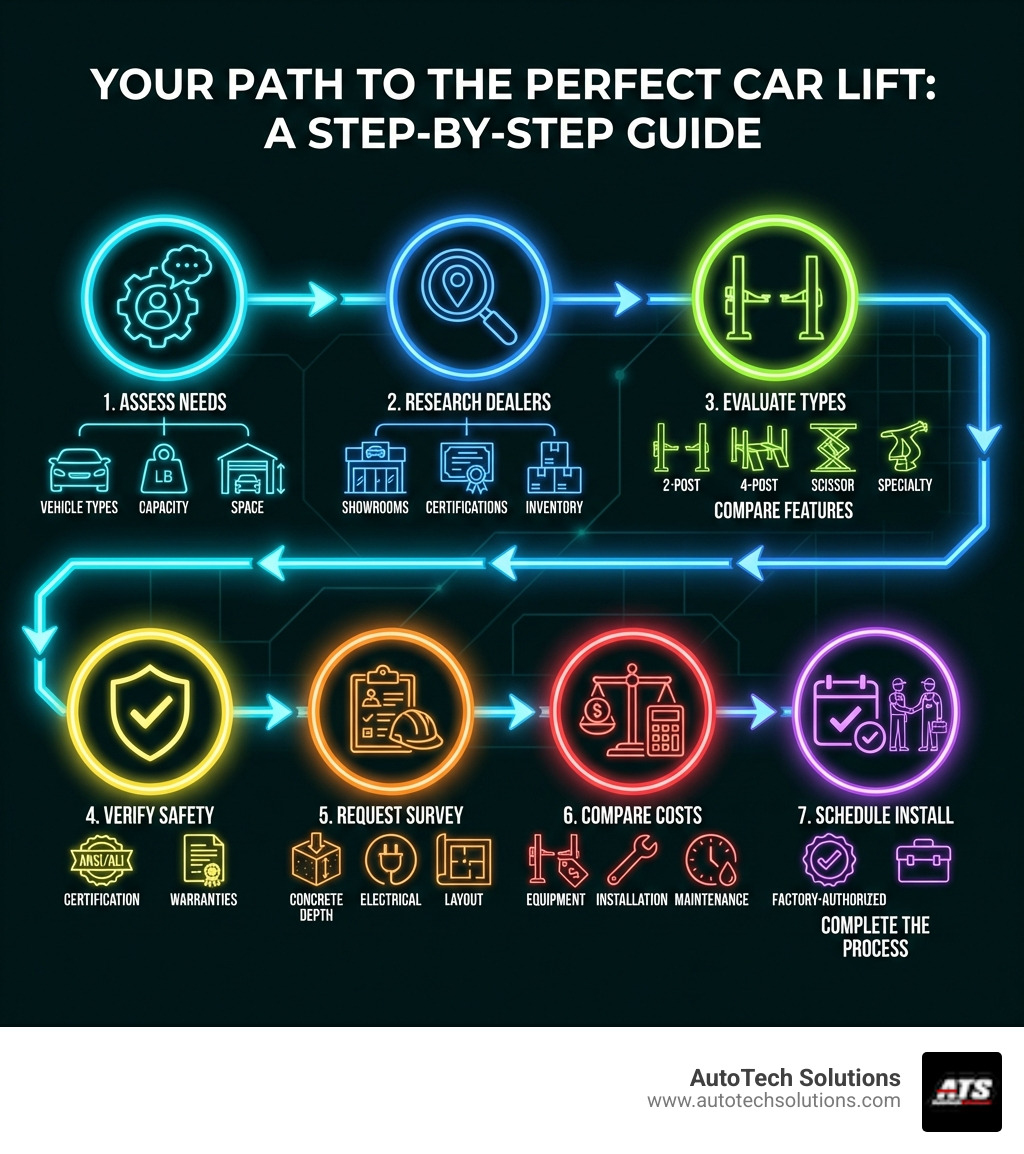 infographic showing step-by-step process: 1. Assess your needs (vehicle types, capacity, space), 2. Research local dealers (showrooms, certifications, inventory), 3. Evaluate lift types (2-post, 4-post, scissor, specialty), 4. Verify safety standards (ANSI/ALI certification, warranties), 5. Request site survey (concrete depth, electrical, layout), 6. Compare total costs (equipment, installation, maintenance), 7. Schedule installation with factory-authorized technicians - car lift sales near me infographic 