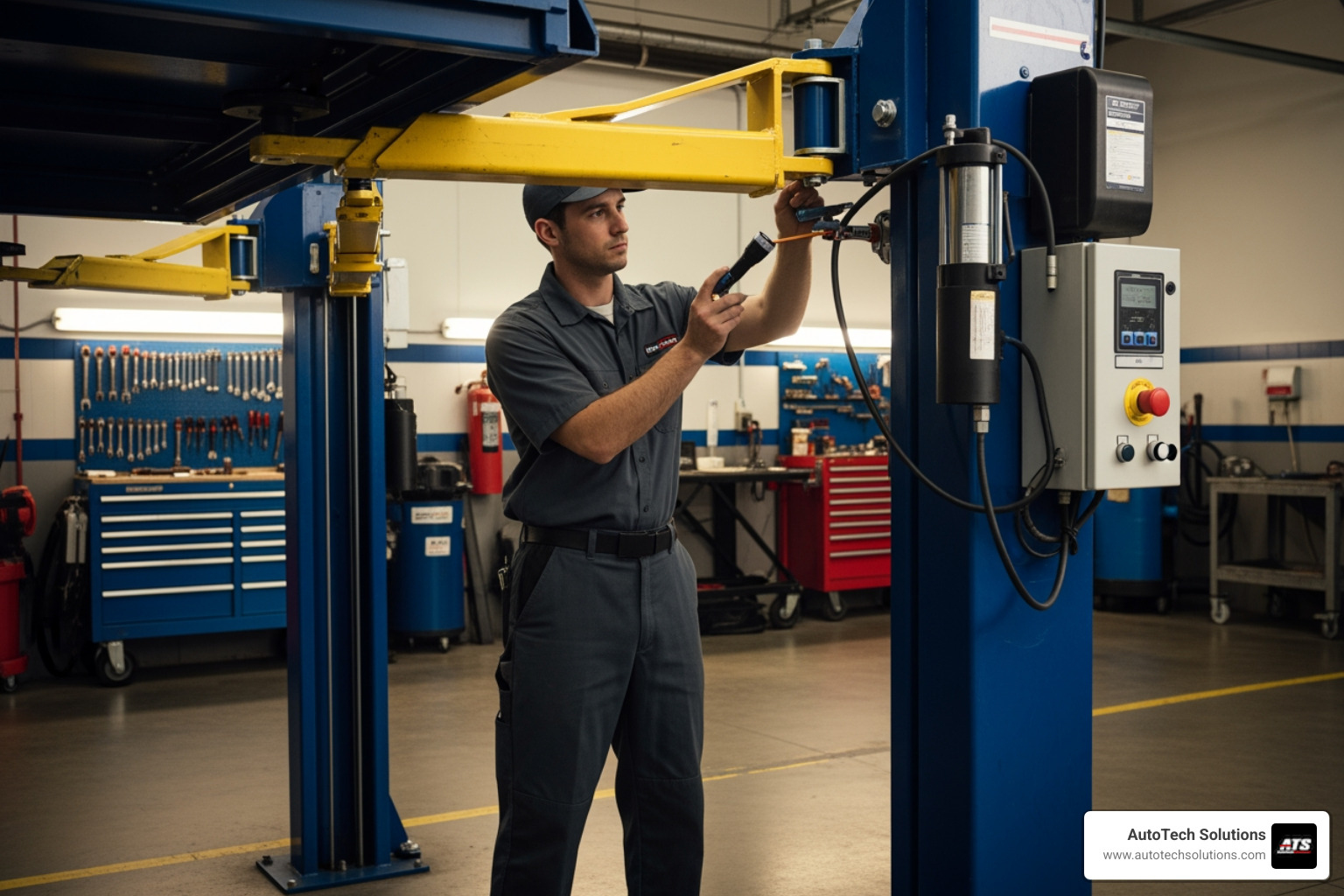 technician performing a safety inspection on a car lift - car lift sales near me