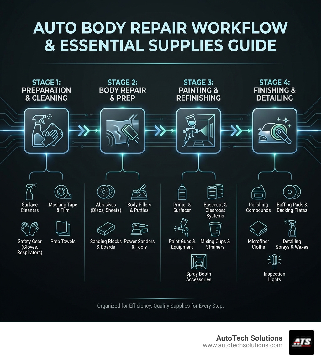 Comprehensive guide showing types of auto body supplies from abrasives and fillers to paint systems and equipment, organized by repair workflow stages - auto body shop supply near me infographic 